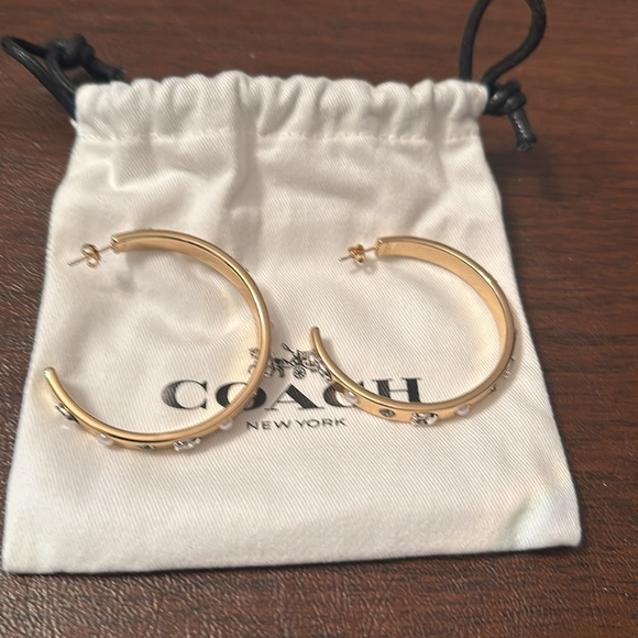 NWT Coach signature large hoop earrings w/ faux pearls + faux crystals - Picture 1 of 9
